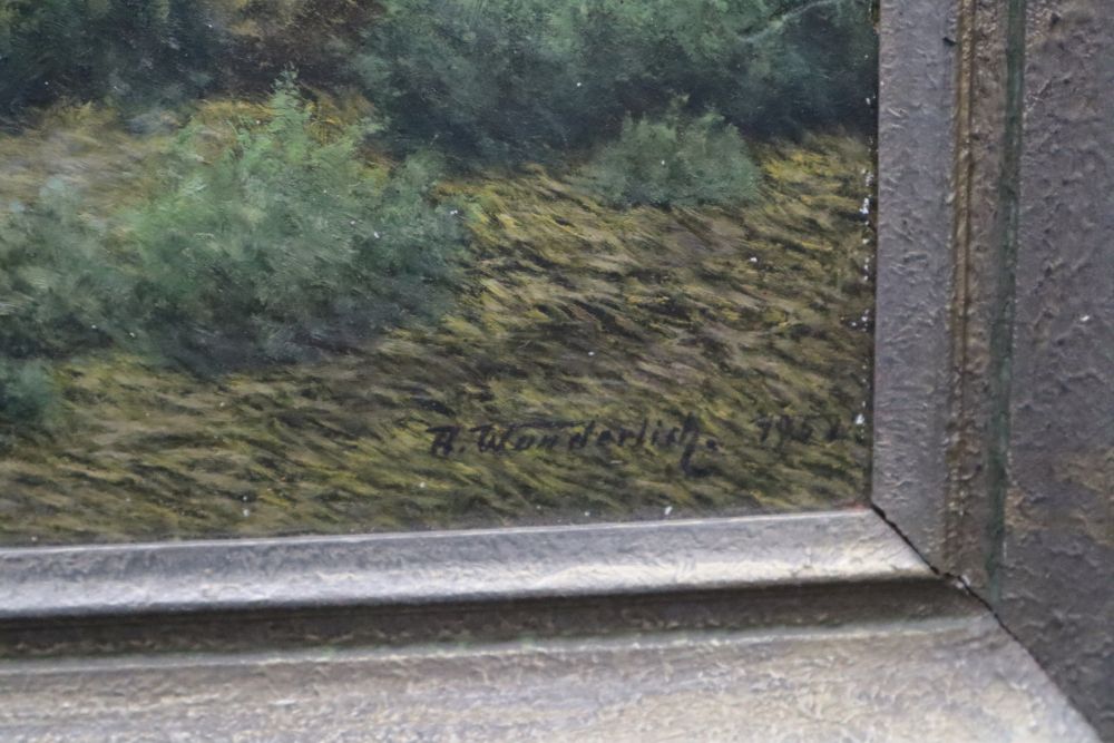 R. Wunderlich, oil on board, Wooded river landscape, signed and dated 1952, 55 x 78cm